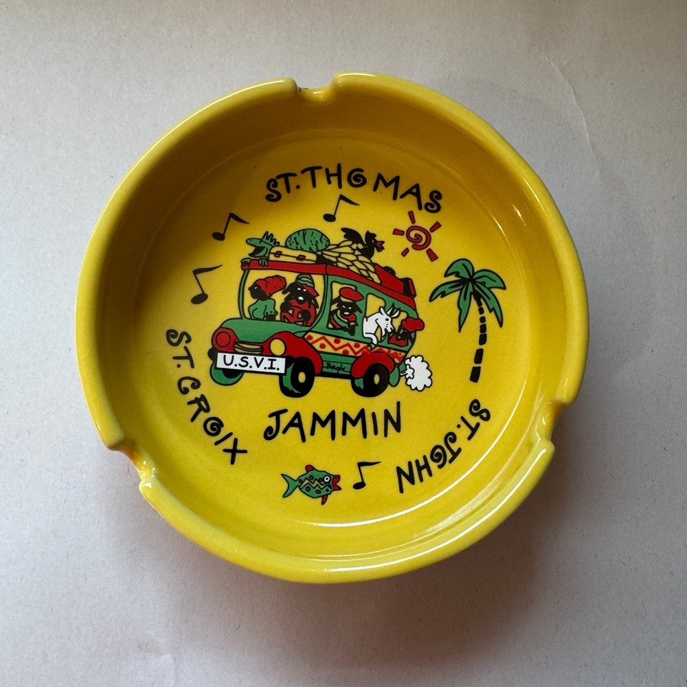 Vintage USVI Jammin Ceramic Ashtray St Thomas St John St Croix Yellow Souvenir‎